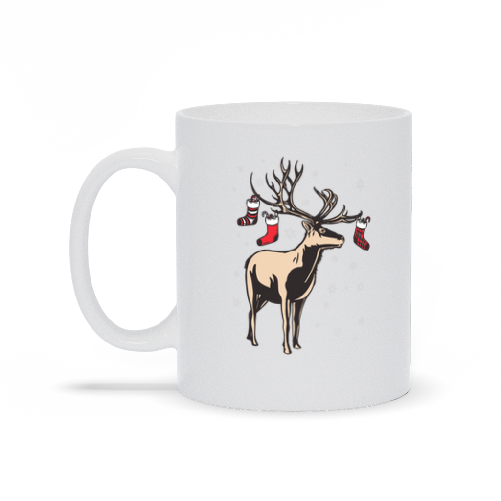 Holiday Coffee Mug - Reindeer With Stockings on Antlers Christmas Coffee Mug