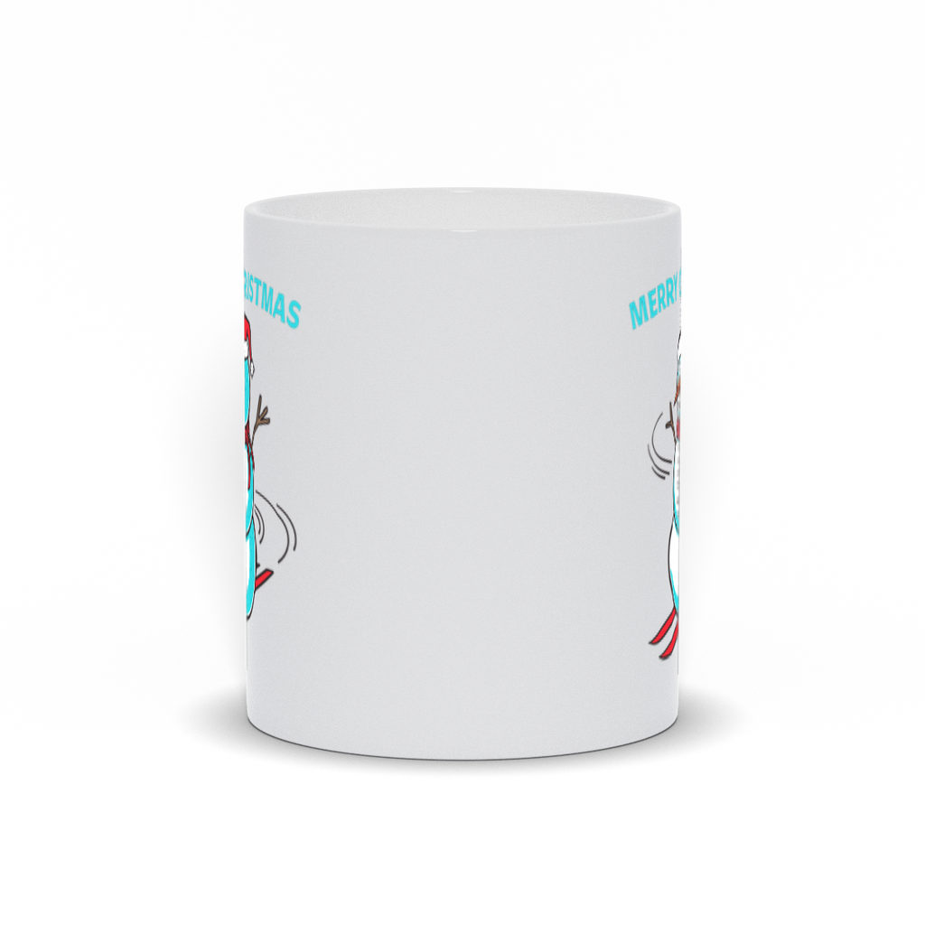 Holiday Coffee Mug - Snowman in Santa Hat Skiing Merry Christmas Coffee Mug