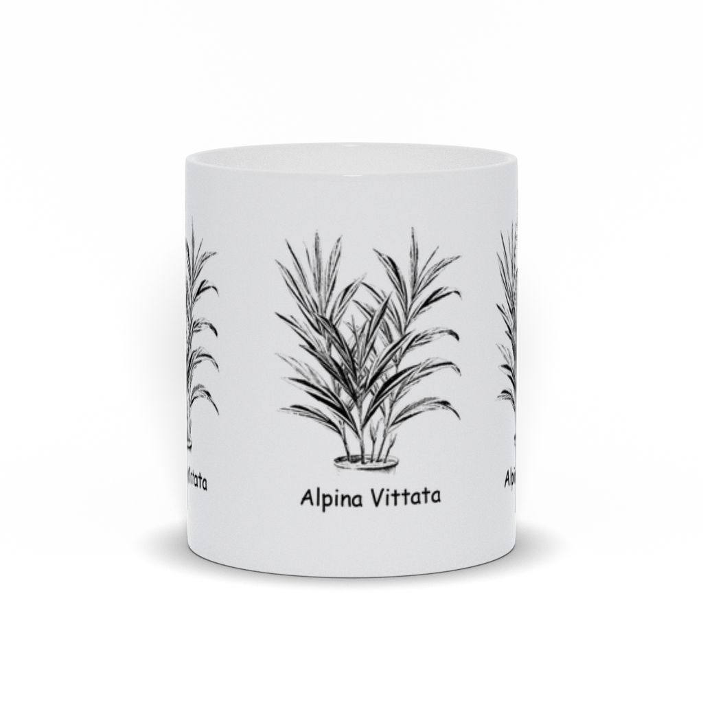 A white ceramic coffee mug with the Aplina (Alpinia) Vittata plant printed on 3 sides. Front View.