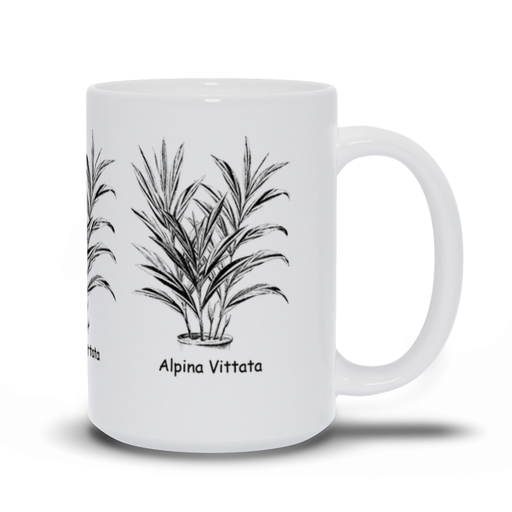 A white ceramic coffee mug with the Aplina (Alpinia) Vittata plant printed on 3 sides. 15oz Version.