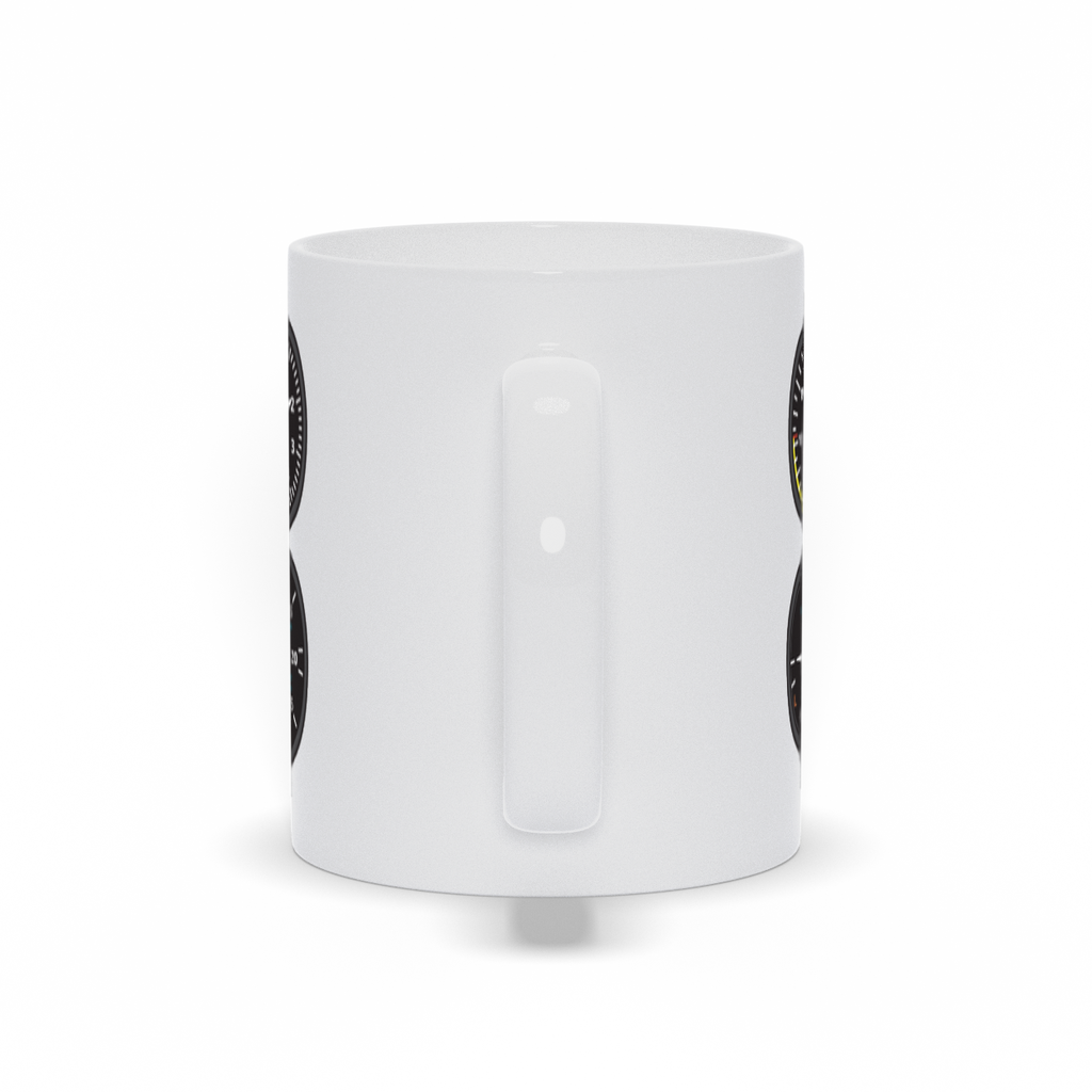 Aviator 6-pack coffee mug. A white ceramic coffee mug with the main airplane gauges printed on all sides. Handle View.