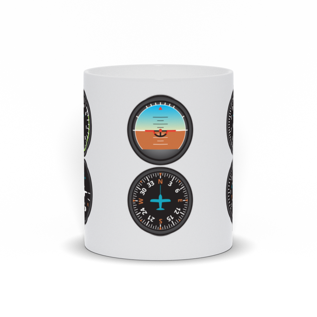 Aviator 6-pack coffee mug. A white ceramic coffee mug with the main airplane gauges printed on all sides. Front View.