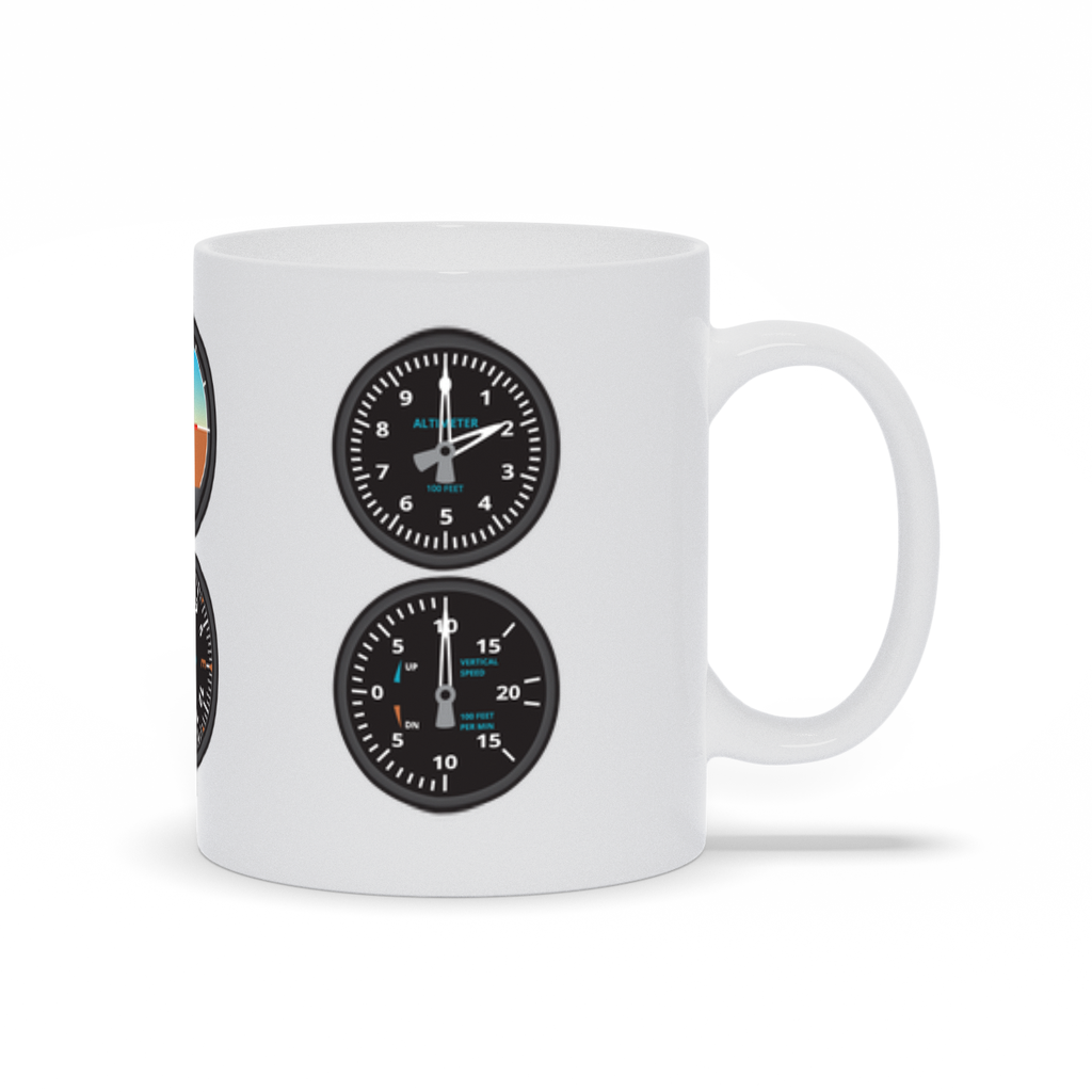 Aviator 6-pack coffee mug. A white ceramic coffee mug with the main airplane gauges printed on all sides.