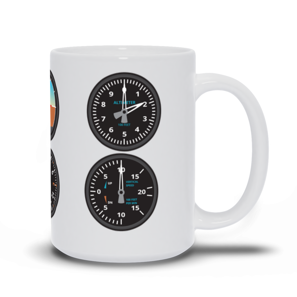 Aviator 6-pack coffee mug. A white ceramic coffee mug with the main airplane gauges printed on all sides. 15oz Version.