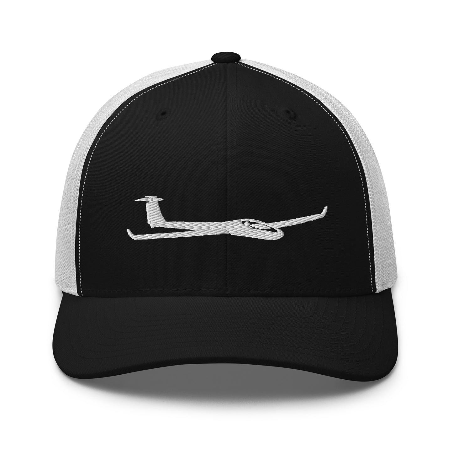 Glider Trucker Hat. A black and white Yupoong 6606 hat with a white glider embroidered on the front panel.