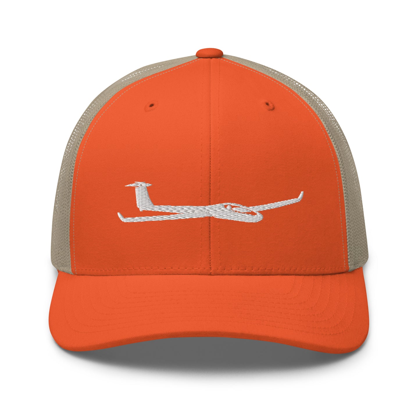 Glider Trucker Hat. A orange and beige Yupoong 6606 hat with a white glider embroidered on the front panel.