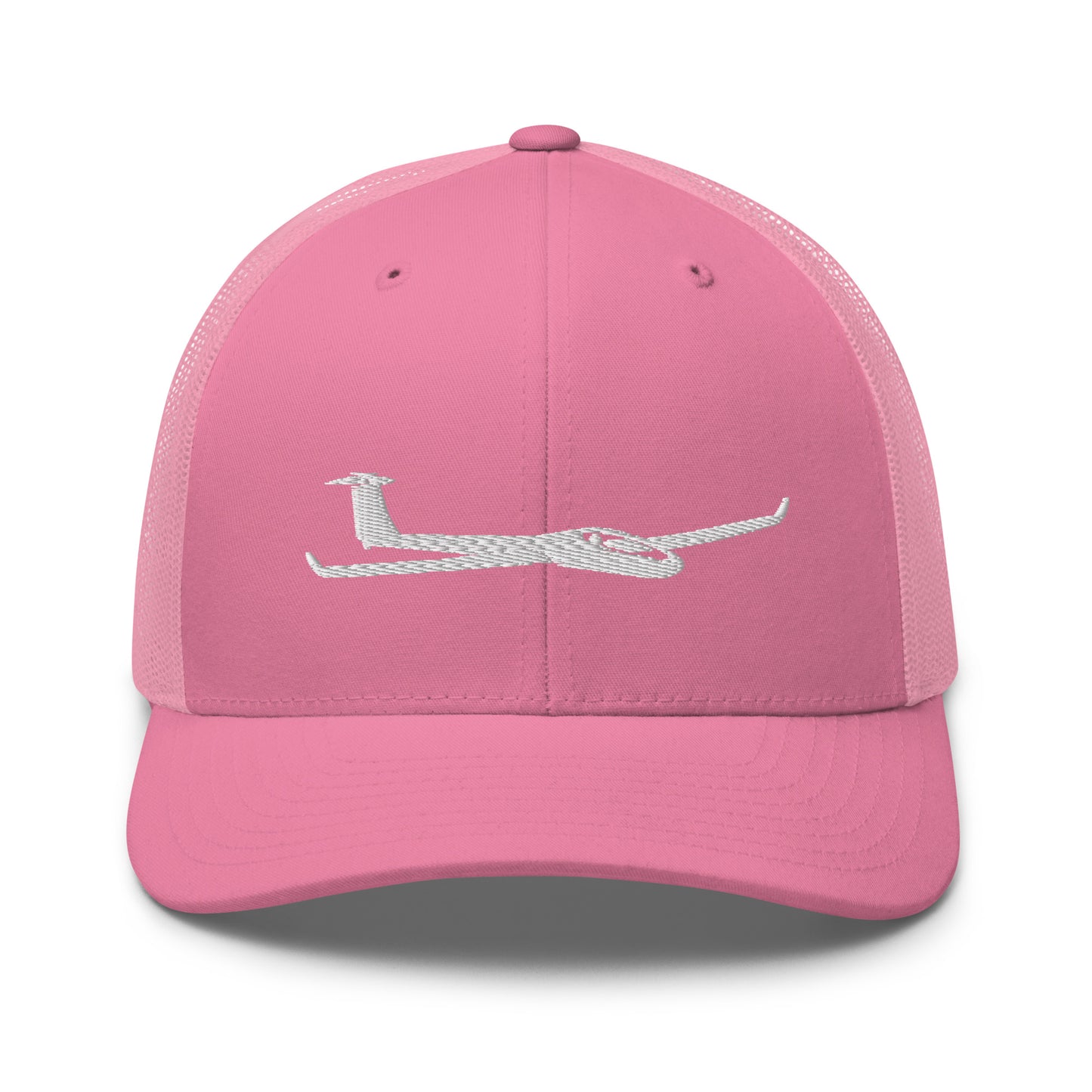 Glider Trucker Hat. A pink Yupoong 6606 hat with a white glider embroidered on the front panel.