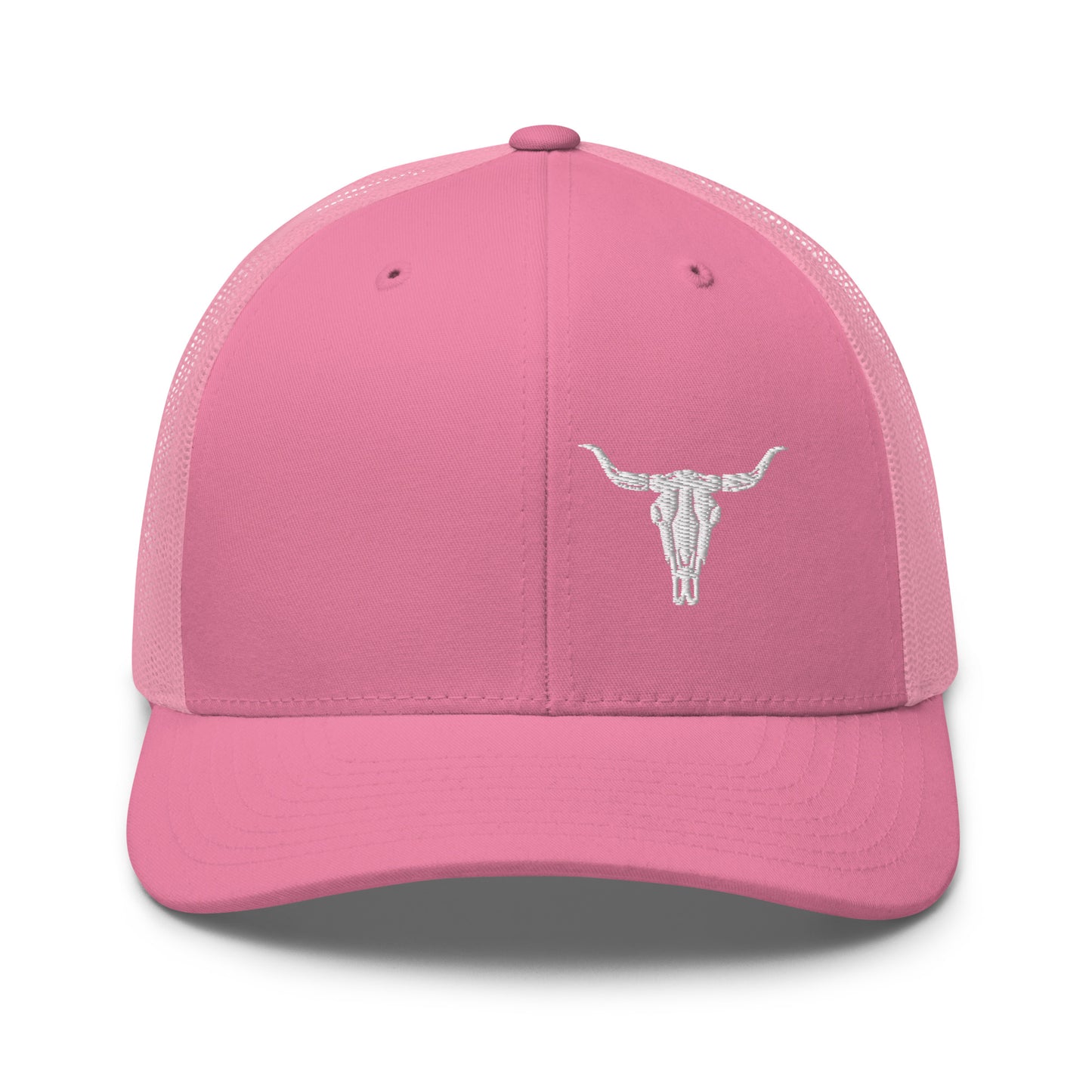 Steer Skull Hat. A pink Yupoong 6606 with steer skull on the right side panel.