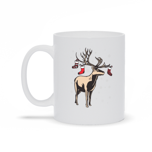 Holiday Coffee Mug - Reindeer With Stockings on Antlers Christmas Coffee Mug