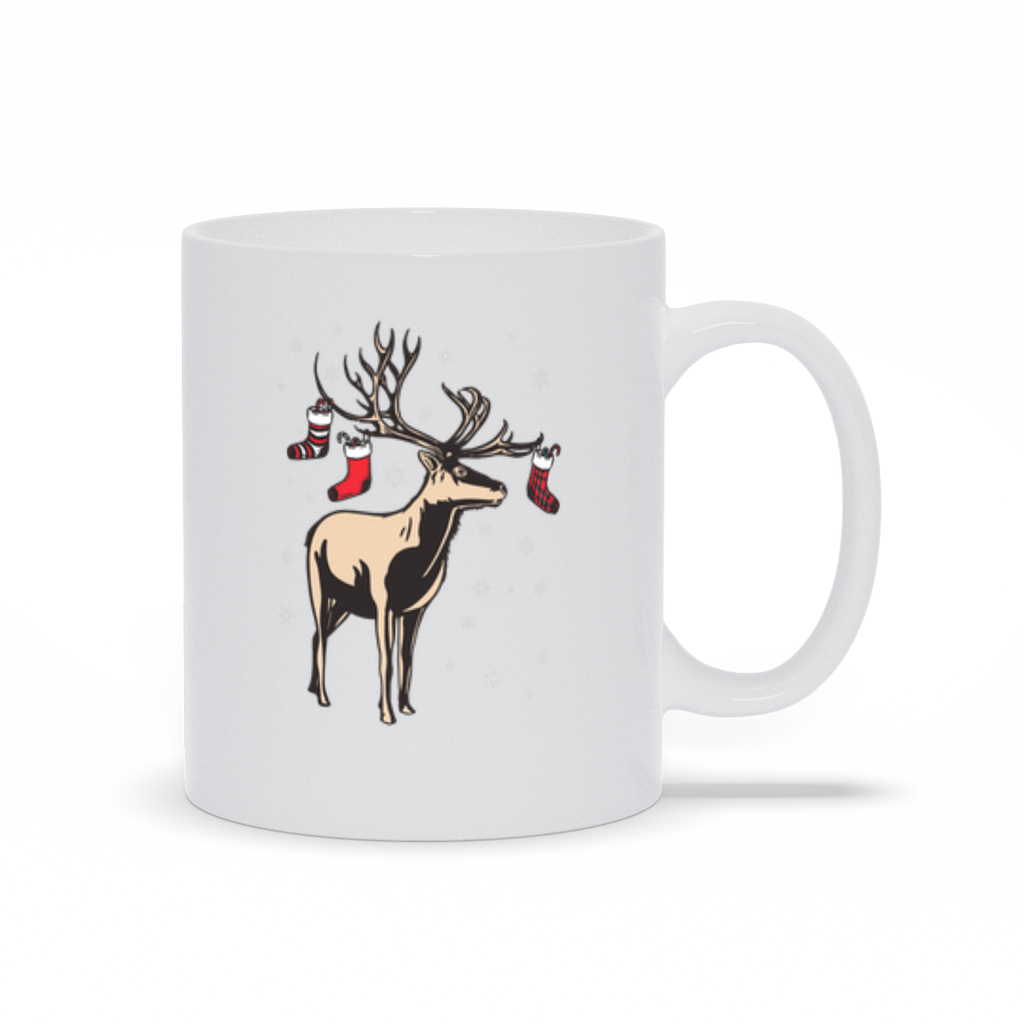 Holiday Coffee Mug - Reindeer With Stockings on Antlers Christmas Coffee Mug
