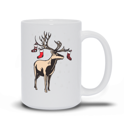 Holiday Coffee Mug - Reindeer With Stockings on Antlers Christmas Coffee Mug