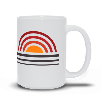 Artful Coffee Mug - Unique Line Art of a sunset (or sunrise) and mountain scene.