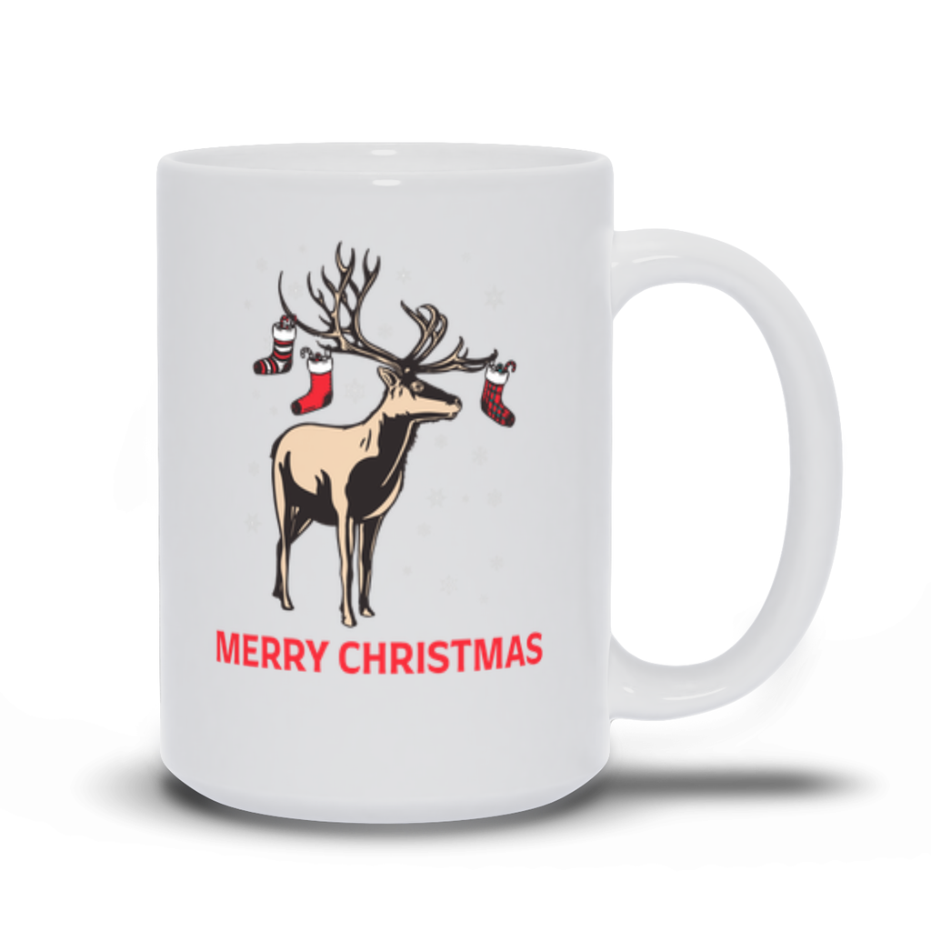 Holiday Coffee Mug - Merry Christmas Reindeer with Stocking Coffee Mug