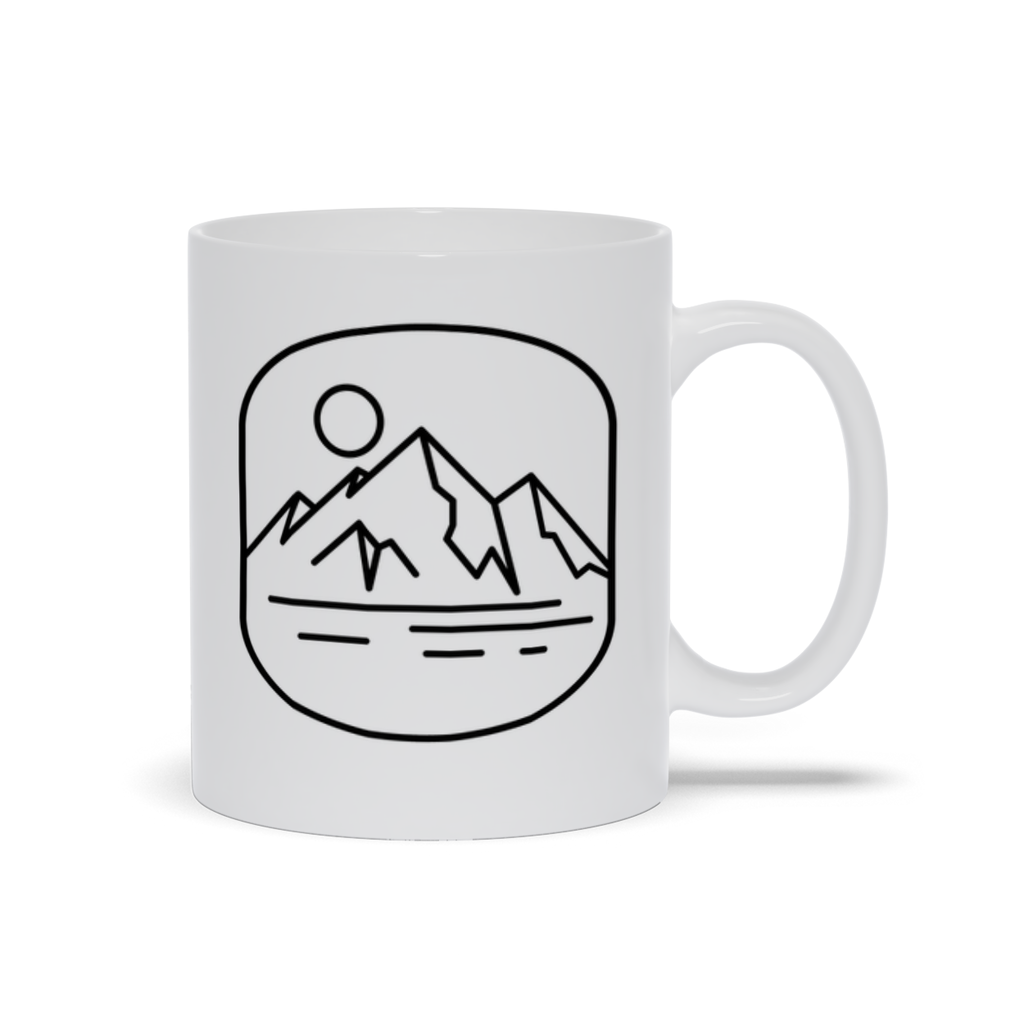Mountain Coffee Mug - Line Drawing of Mountain Range and Sun Coffee Mug