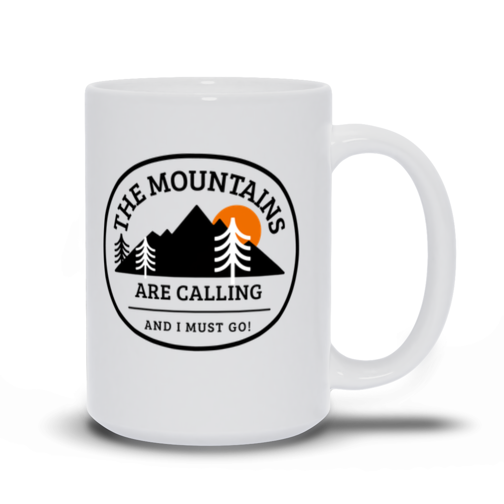 The Mountains Are Calling Coffee Mug Black Mountains with Sunset and trees