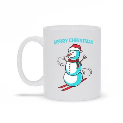 Holiday Coffee Mug - Snowman in Santa Hat Skiing Merry Christmas Coffee Mug