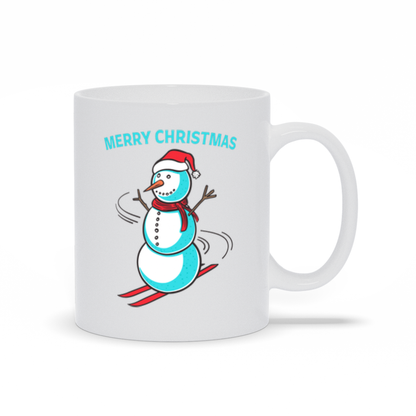 Holiday Coffee Mug - Snowman in Santa Hat Skiing Merry Christmas Coffee Mug