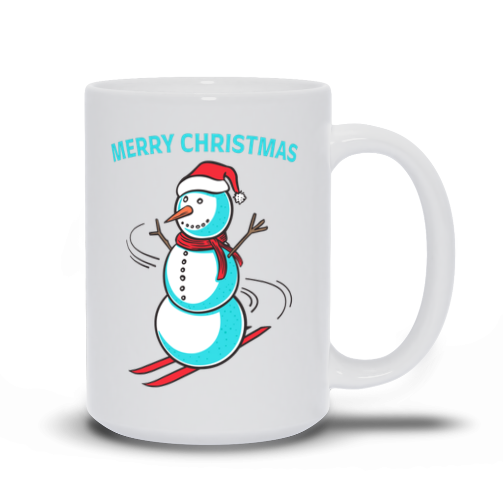 Holiday Coffee Mug - Snowman in Santa Hat Skiing Merry Christmas Coffee Mug