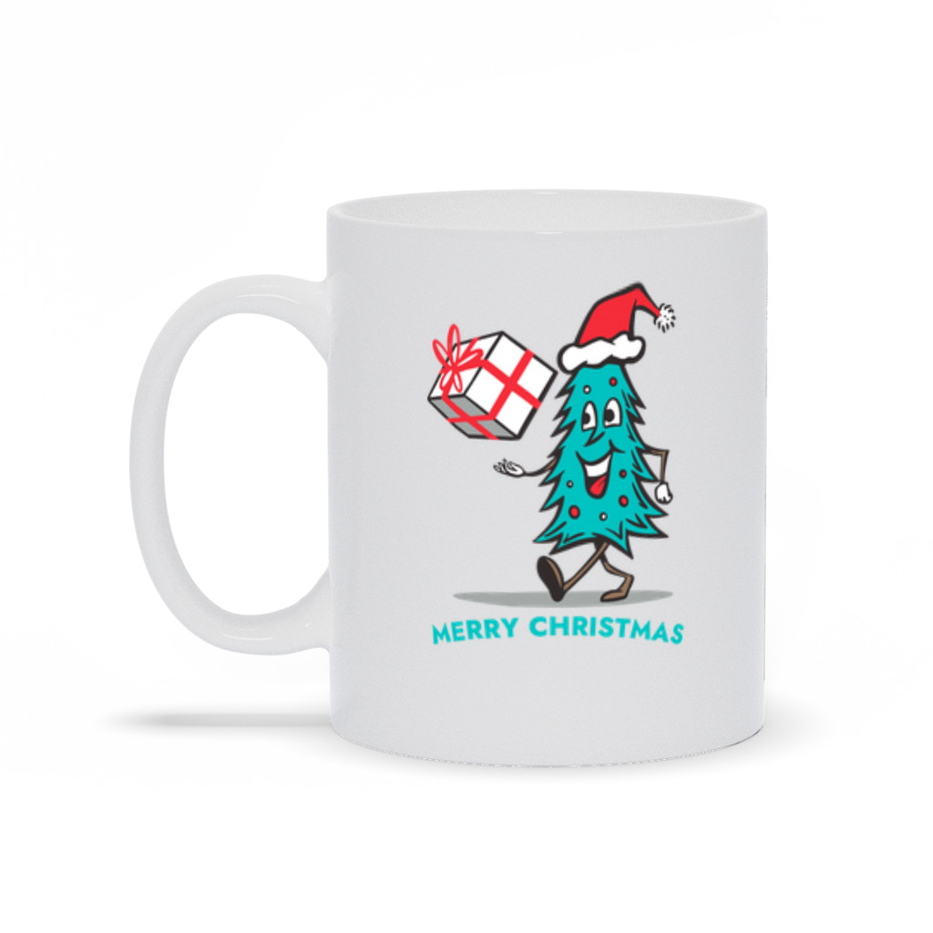 Holiday Coffee Mug - Smiling Christmas Tree with Merry Christmas Under the tree.