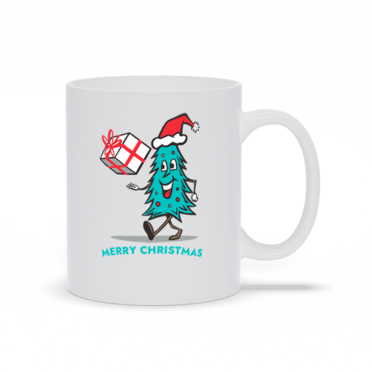 Holiday Coffee Mug - Smiling Christmas Tree with Merry Christmas Under the tree.