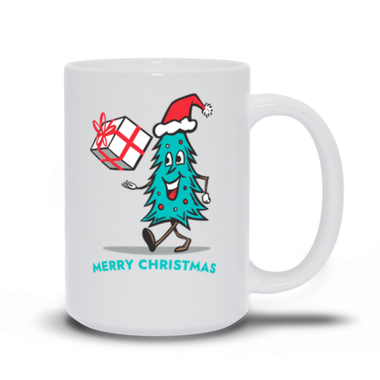 Holiday Coffee Mug - Smiling Christmas Tree with Merry Christmas Under the tree.