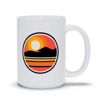 outdoor coffee mug - a sun setting over an island landscape coffee mug