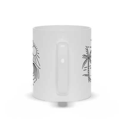 Palm Tree Coffee Mug - Line drawing of surf, palm tree and the sun coffee mug