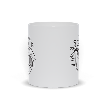 Palm Tree Coffee Mug - Line drawing of surf, palm tree and the sun coffee mug