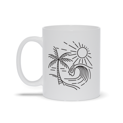 Palm Tree Coffee Mug - Line drawing of surf, palm tree and the sun coffee mug