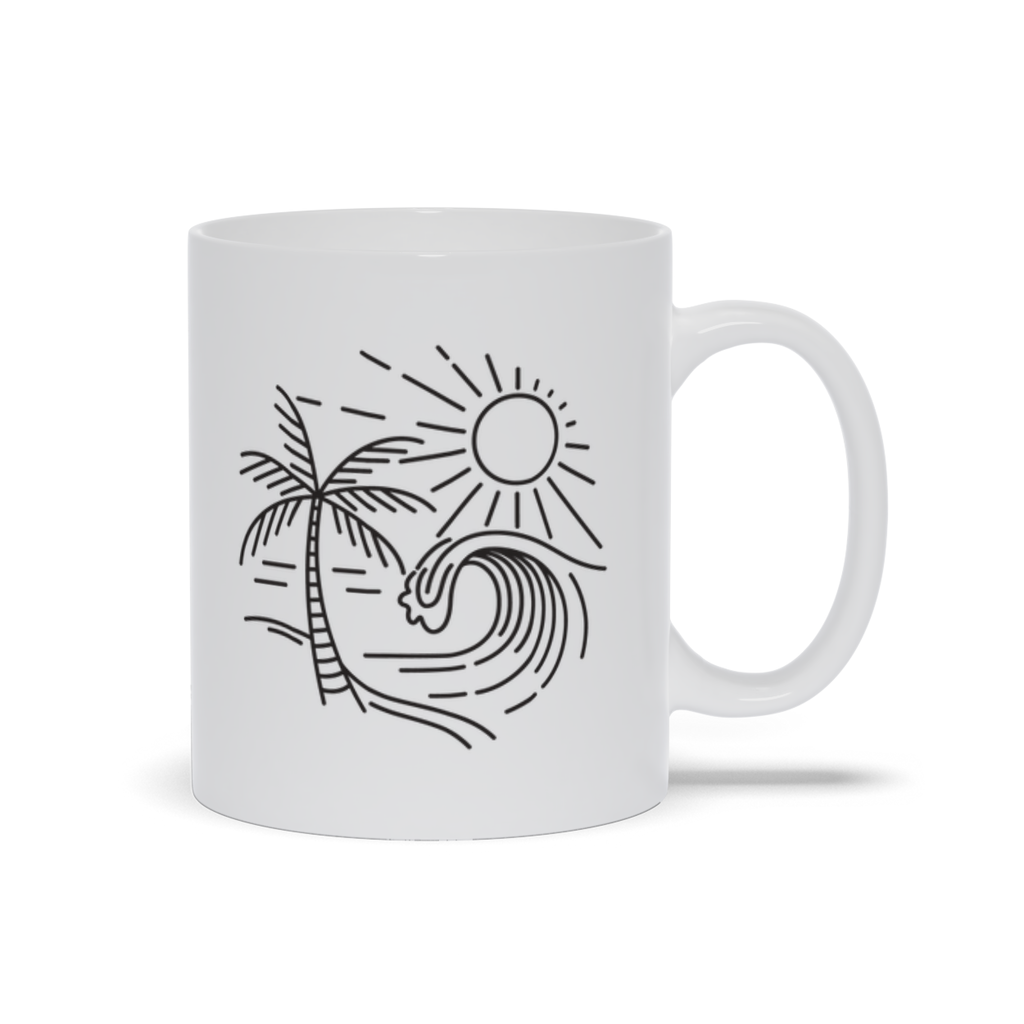 Palm Tree Coffee Mug - Line drawing of surf, palm tree and the sun coffee mug