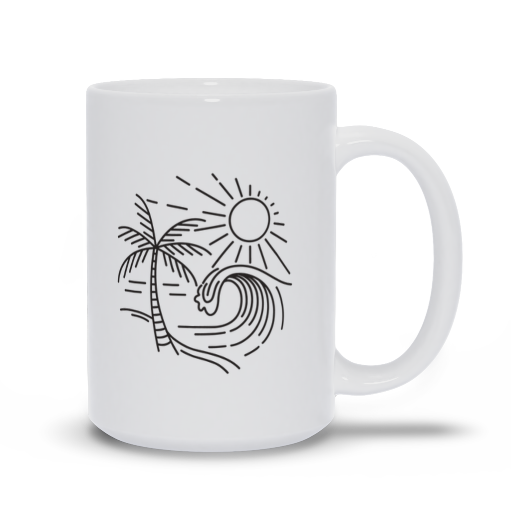 Palm Tree Coffee Mug - Line drawing of surf, palm tree and the sun coffee mug