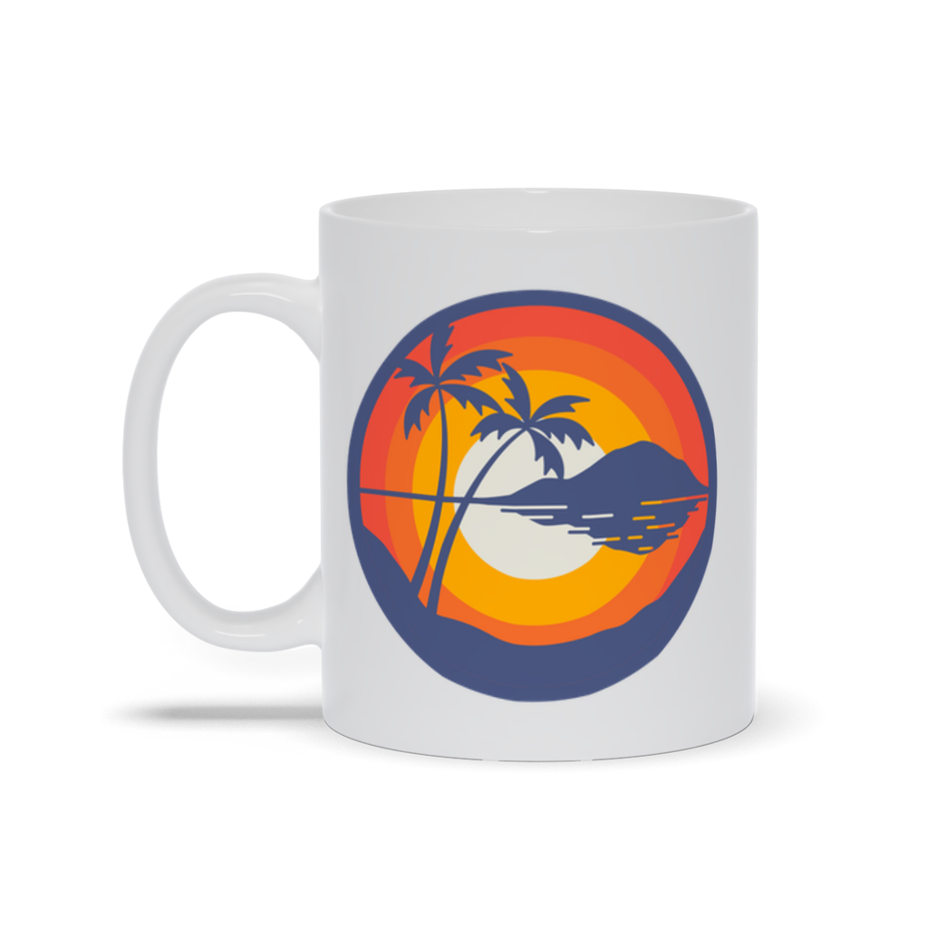 Outdoor Coffee Mug - Sunset with Island reflection and palm tree coffee mug