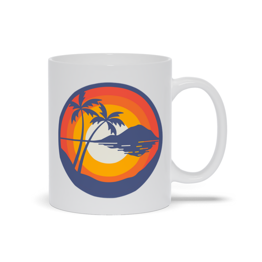 Outdoor Coffee Mug - Sunset with Island reflection and palm tree coffee mug
