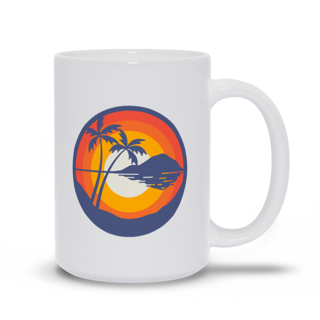 Outdoor Coffee Mug - Sunset with Island reflection and palm tree coffee mug