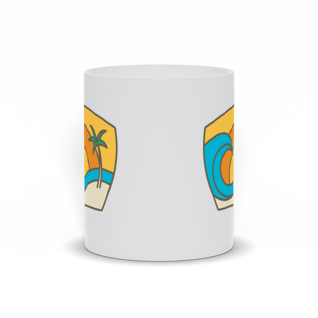 Outdoor Coffee Mug - Pastel Sunsetting behind an ocean wave and palm tree on the beach coffee mug