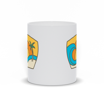 Outdoor Coffee Mug - Pastel Sunsetting behind an ocean wave and palm tree on the beach coffee mug