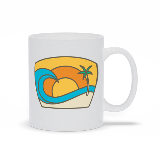 Outdoor Coffee Mug - Pastel Sunsetting behind an ocean wave and palm tree on the beach coffee mug