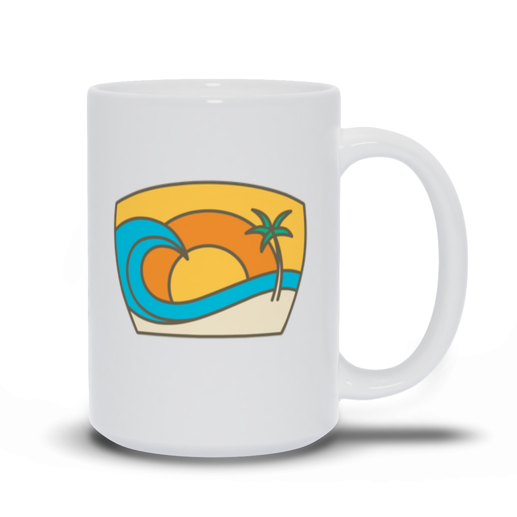 Outdoor Coffee Mug - Pastel Sunsetting behind an ocean wave and palm tree on the beach coffee mug