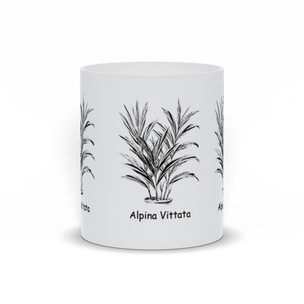 A white ceramic coffee mug with the Aplina (Alpinia) Vittata plant printed on 3 sides.  Front View.