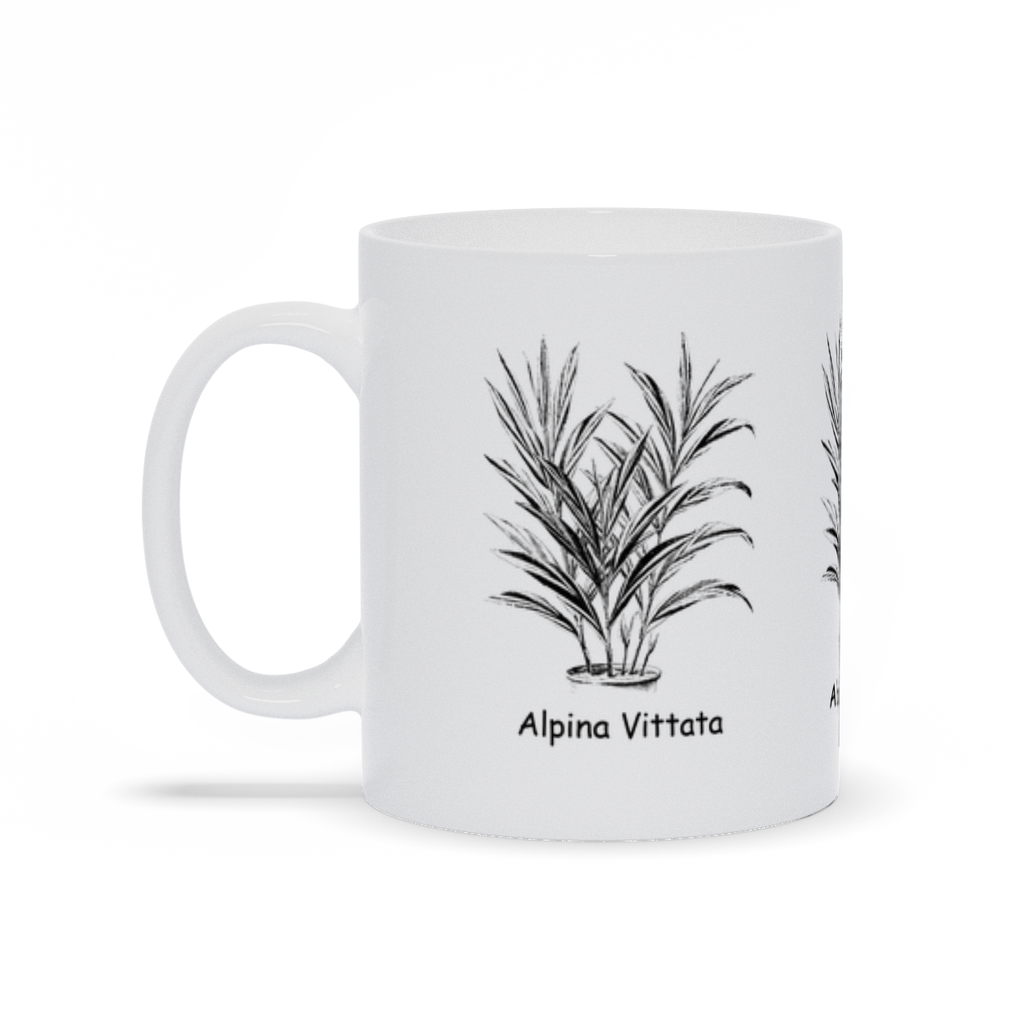 A white ceramic coffee mug with the Aplina (Alpinia) Vittata plant printed on 3 sides. Right Side View.