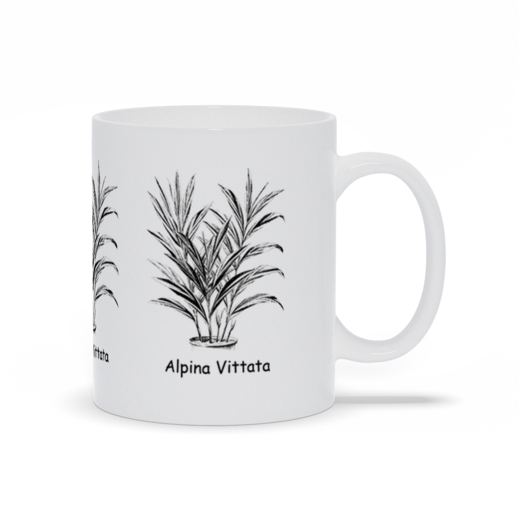 A white ceramic coffee mug with the Aplina (Alpinia) Vittata plant printed on 3 sides.