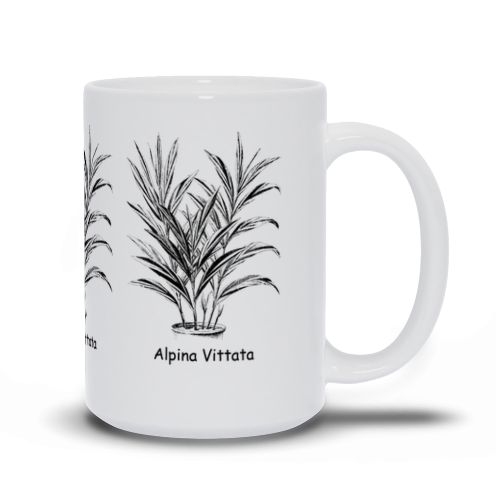 A white ceramic coffee mug with the Aplina (Alpinia) Vittata plant printed on 3 sides.  15oz Version.
