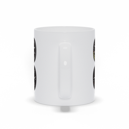 Aviator 6-pack coffee mug.  A white ceramic coffee mug with the main airplane gauges printed on all sides.  Handle View.
