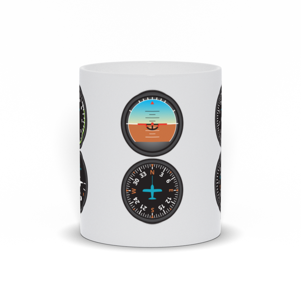 Aviator 6-pack coffee mug.  A white ceramic coffee mug with the main airplane gauges printed on all sides.  Front View.