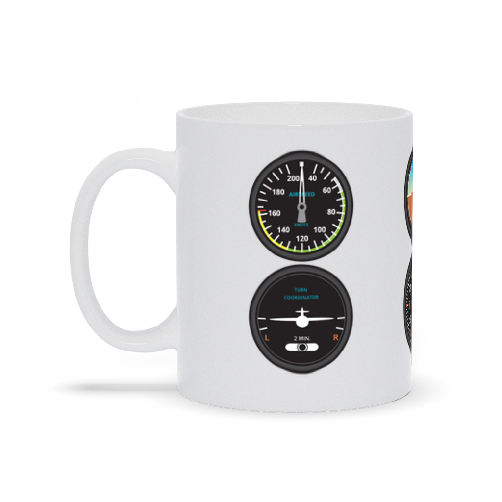 Aviator 6-pack coffee mug.  A white ceramic coffee mug with the main airplane gauges printed on all sides. Right Side View.