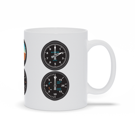 Aviator 6-pack coffee mug.  A white ceramic coffee mug with the main airplane gauges printed on all sides.