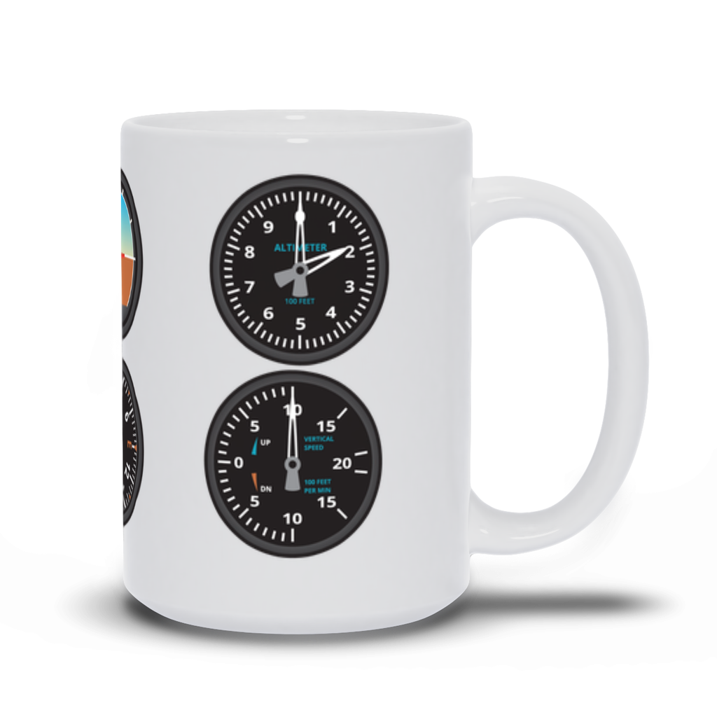 Aviator 6-pack coffee mug.  A white ceramic coffee mug with the main airplane gauges printed on all sides.  15oz Version.