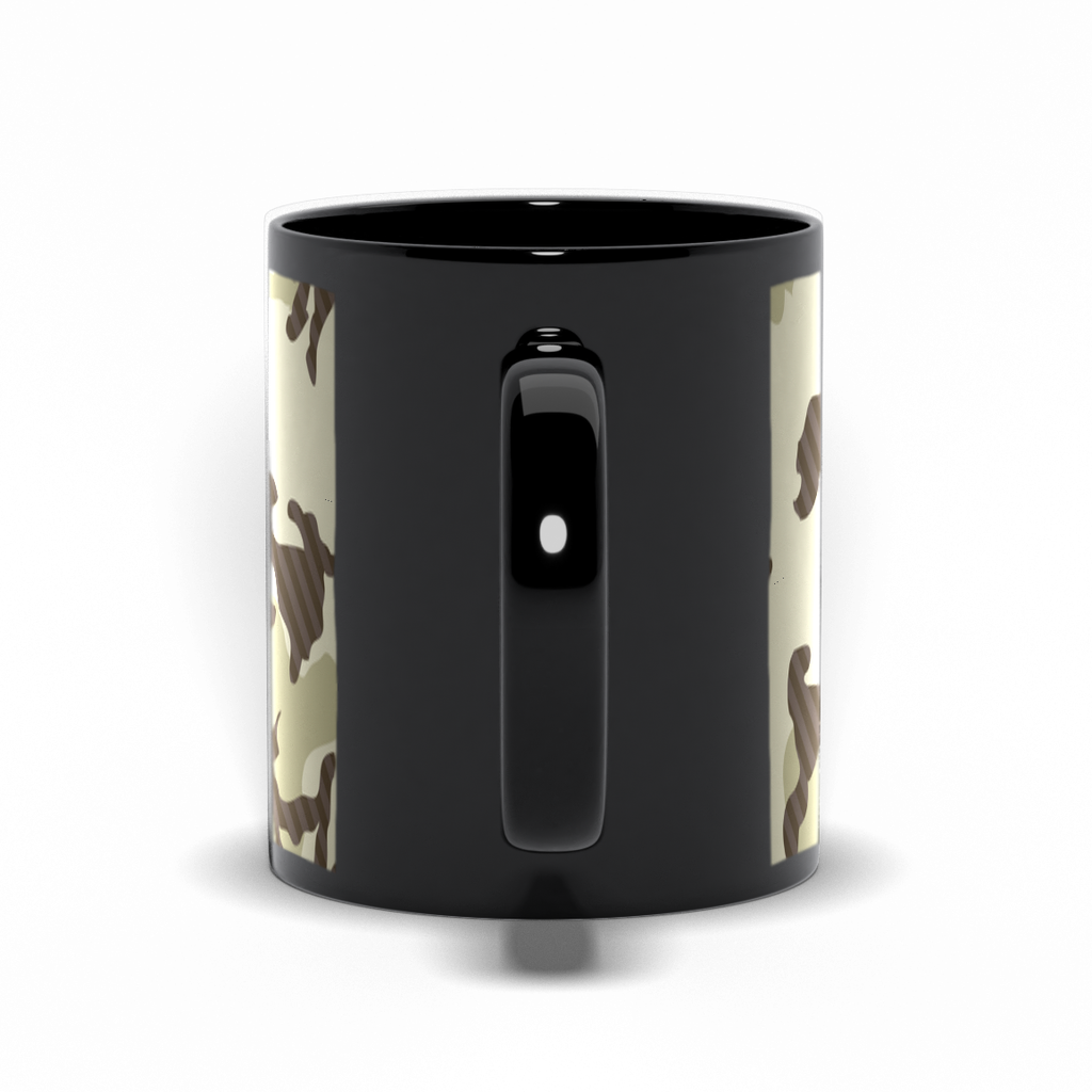 Camo Coffee Mug.  A black ceramic coffee mug with camoflage graphic.  Handle View.
