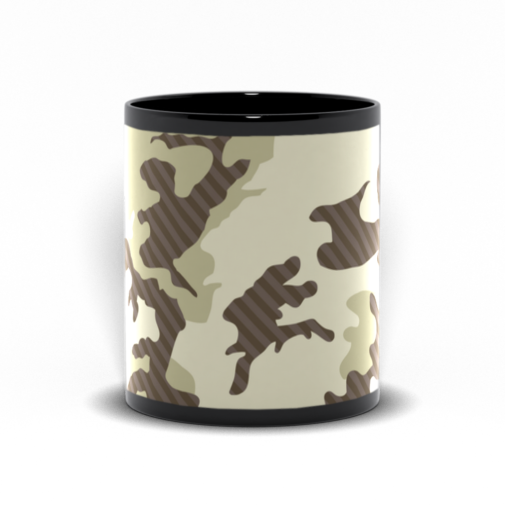 Camo Coffee Mug.  A black ceramic coffee mug with camoflage graphic.  Front View.