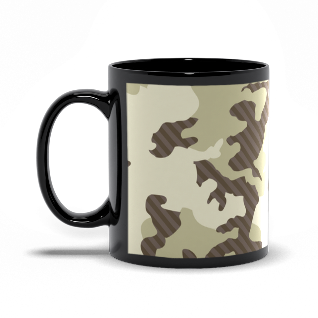 Camo Coffee Mug.  A black ceramic coffee mug with camoflage graphic. Right Side View.